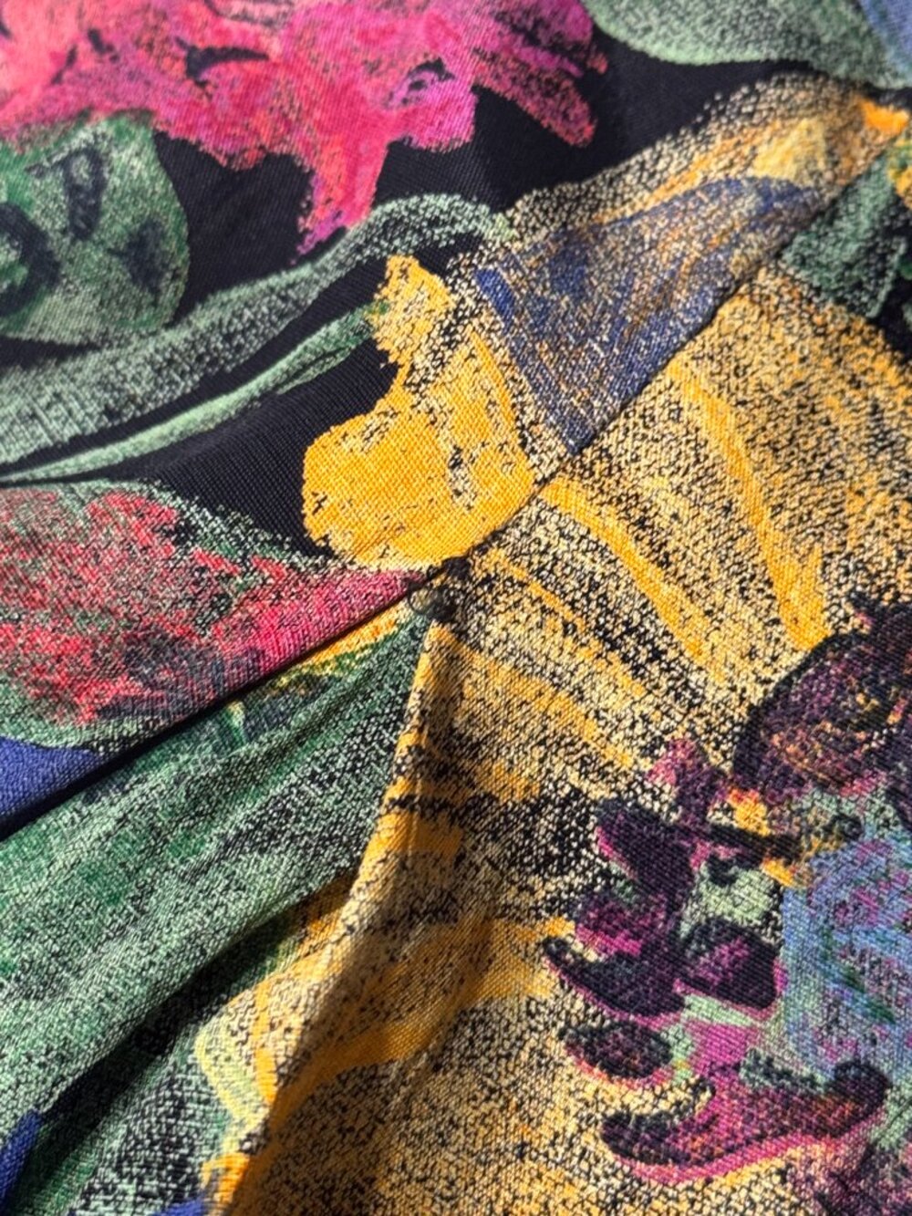 Vtg 90s Olive Painted Floral Maxi Dress Sz L Tie Back Rayon Pleated Artsy Whimsy - Picture 11 of 13